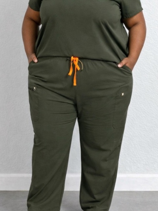 Figs Pants - Figs Olive High-waisted Yola with Yoga Pants with Orange Drawstring 4XL